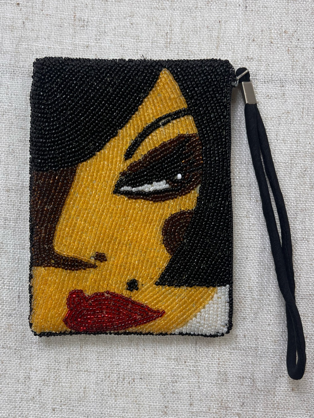 Hand Beaded Woman Face Portrait Wristlet Clutch Art Deco Pop Art Evening Bag